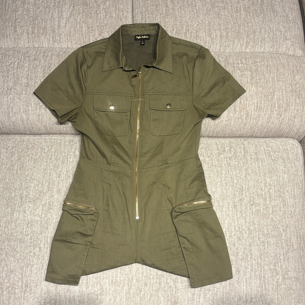 Olive Green Casual Zip Up Romper